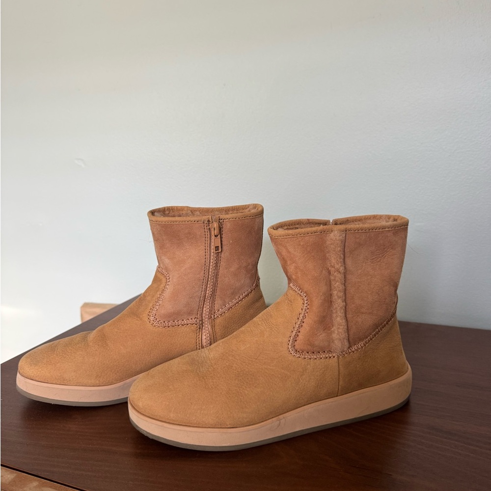 OluKai Suede and Sherpa Tan Ankle Boots with Side Zipper
